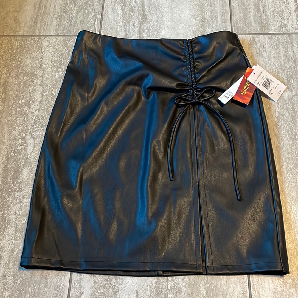 BLACK Faux LEATHER SKIRTS SIZE MEDIUM & X-LARGE WITH Shirred RIBBON SLIT INFRONT